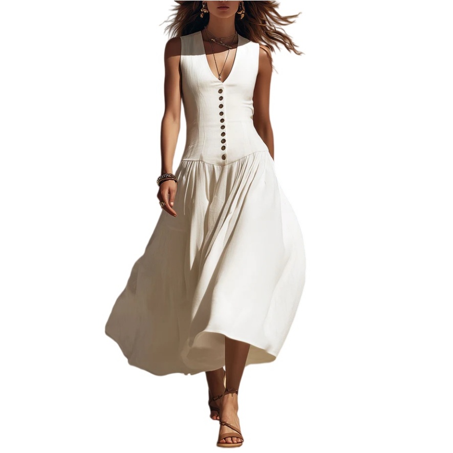 Womens Sleeveless Midi Dress - V-Neck Button-Front Flowy A-Line Skirt